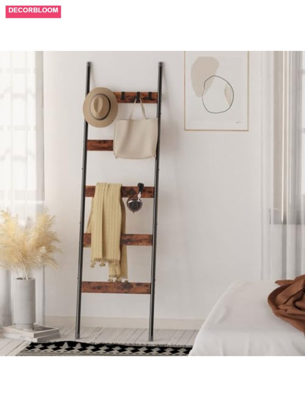 5-Tier Blanket Ladder with Hooks, Faux Leather and Metal Freestanding Towel - Picture 3 of 6